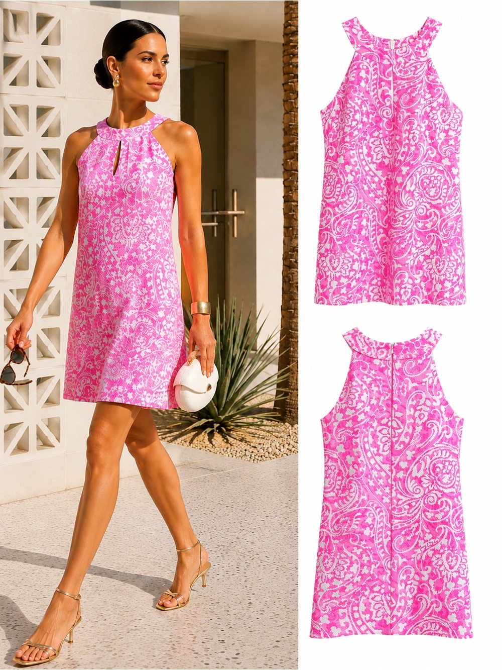 Vince Camuto Pink White Paisley Halter Keyhole Shift Dress Size 8 Resortwear